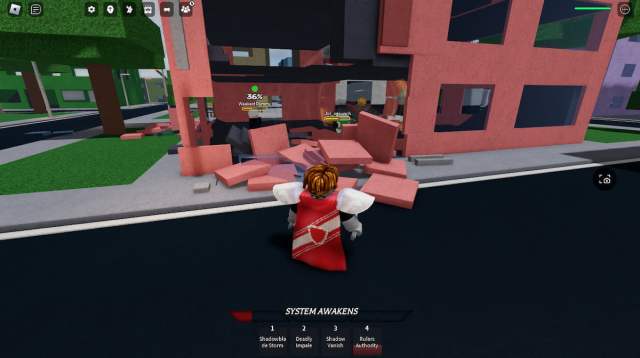 Picture of players tearing down a building to have an anime showdown in Roblox's Realm Rampage.