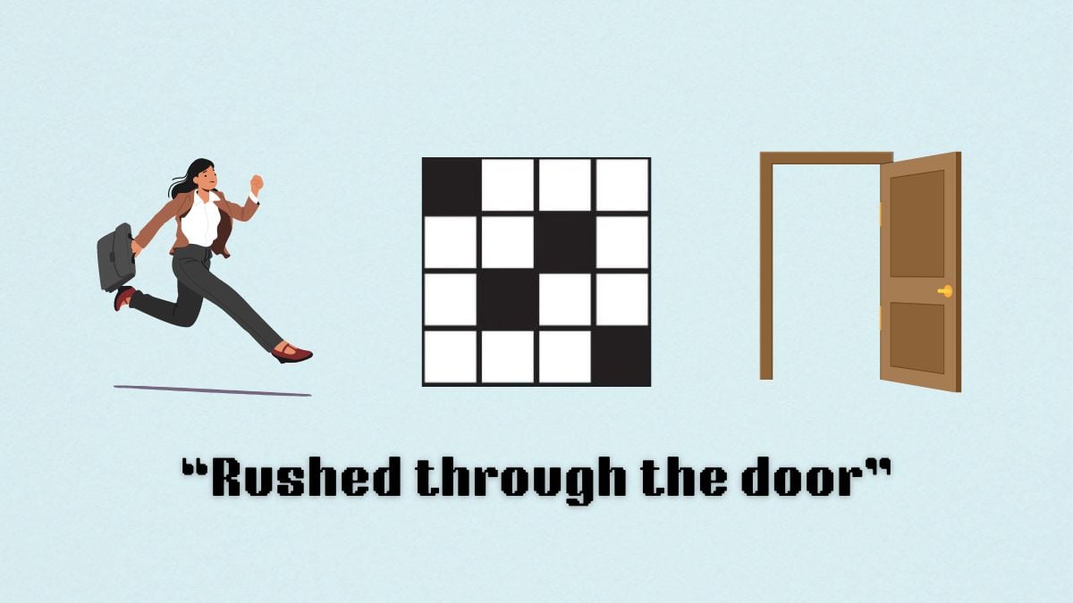a woman rushing, a door, and a crossword puzzle icon alongside the rushed through the door clue for the nyt mini crossword clue
