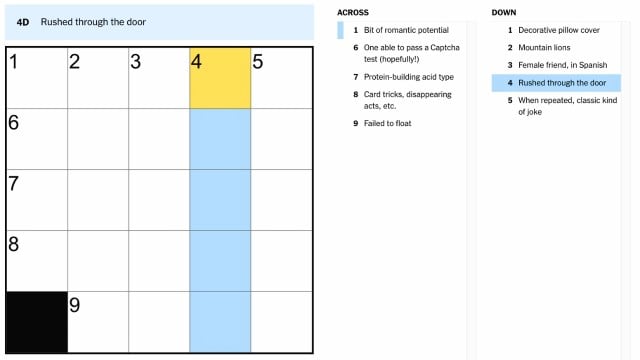 the rushed through the door clue highlighted in blue and yellow on the nyt mini crossword for aug. 5