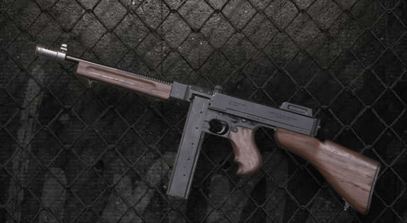 Tommy Gun in PUBG, placed in front of a wall with chains