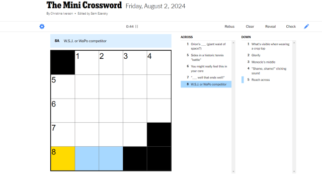NYT Crossword for Aug. 2 showing three blank spaces across for this clue