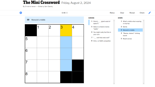NYT Mini crossword for aug 2, four boxes going down are highlighted for the clue "monocle's middle"