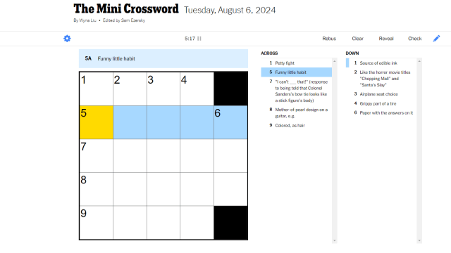 Blank NYT Mini crossword for Aug. 6, there's a blank space five across with the clue "funny little habit"