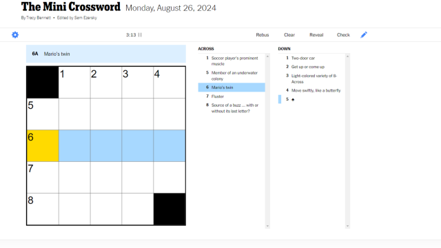 NYT Mini from Aug. 26, with five across highlighted