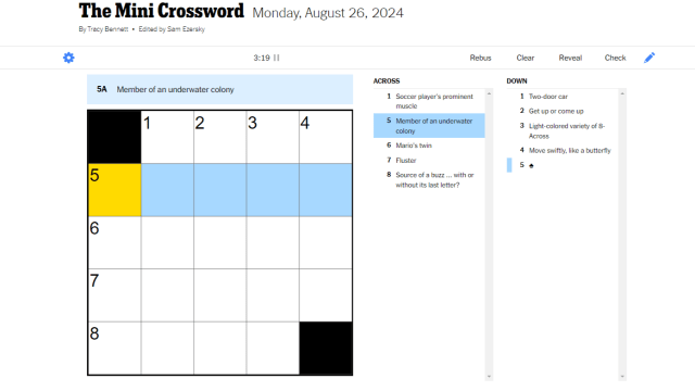 Nyt Mini Aug 26 crossword, five spaces across blank