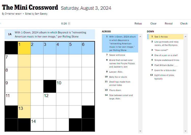 Picture of the NYT Aug. 3 Crossword showcasing the '2024 Beyonce album' clue.