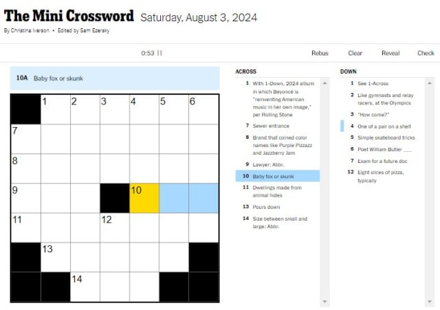 Picture of the NYT Aug. 3 Crossword showcasing the 'Baby fox' clue.