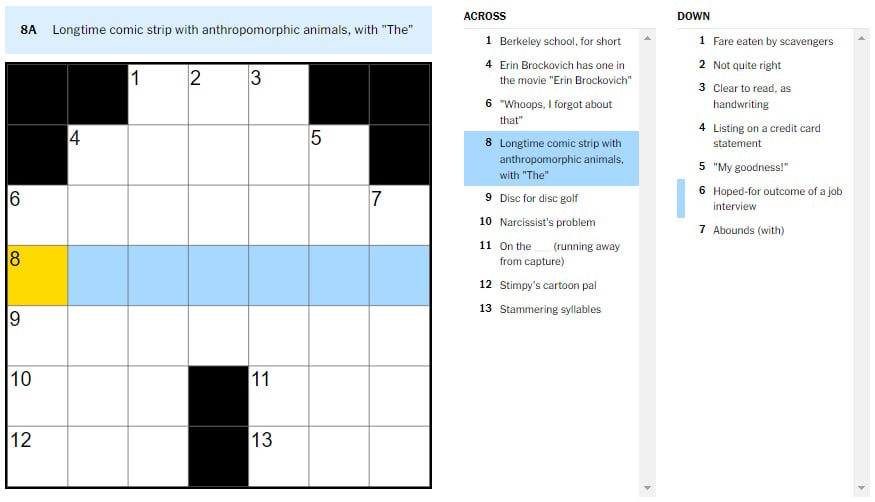 Picture showcasing the Comic strip with Anthropomorphic animals clue in NYT Mini Crossword.