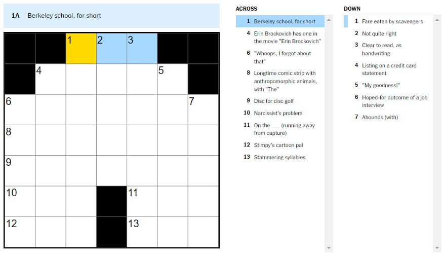 Picture showcasing the 'Short for Berkeley school' clue in NYT Mini Crossword.