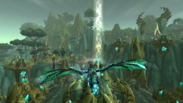 Shattrath city in World of Warcraft with participant flying over it on a dragon.