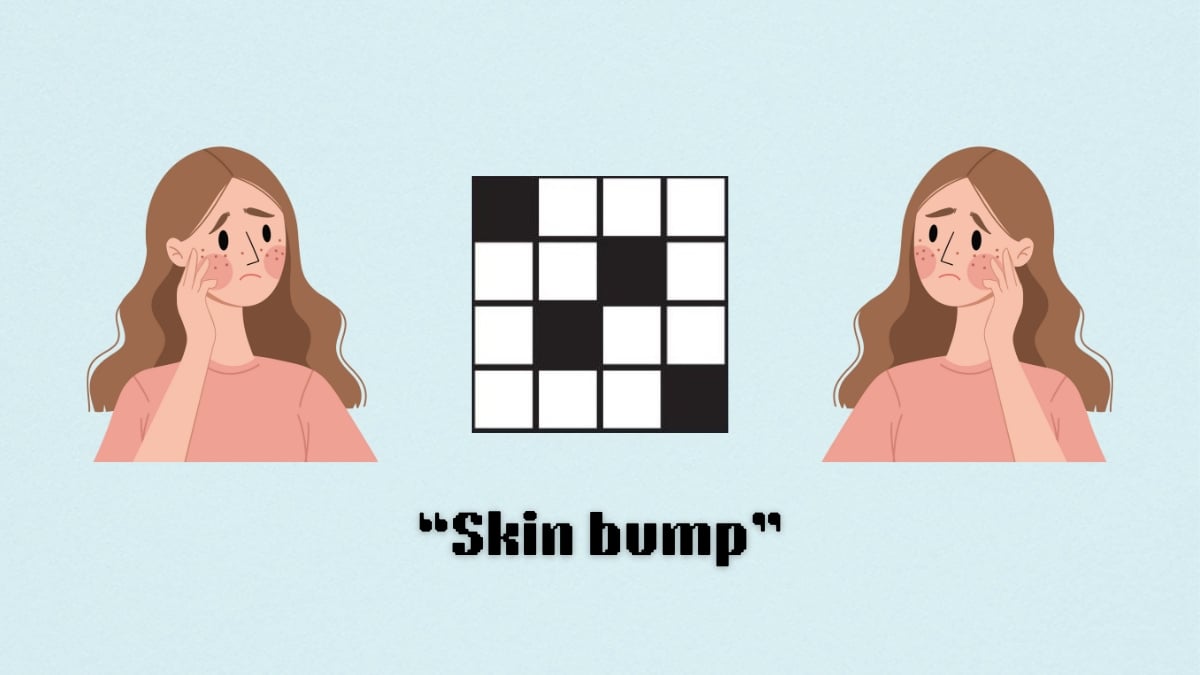 A women looking worried next to a crossword puzzle icon above the clue, skin bump, from the aug. 28 nyt mini crossword puzzle