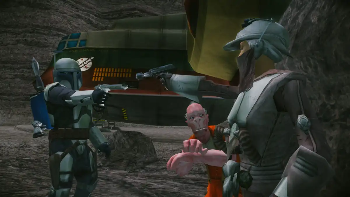 Jango Fett aiming a pistol in Star Wars Bounty Hunter.