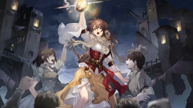 An illustration of a young woman in a fantasy setting holding up a lantern while others rally around her. Promotional image for Sword of Convallaria's Edda banner.