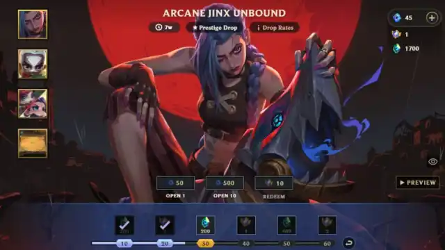 An image from TFT of the Treasure Realms wishing screen. This features the new Jinx champion skin and showcases how many Mythic Medallions you can earn.