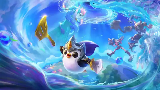 A Pengu flies through the air with a swirl of items behind it.