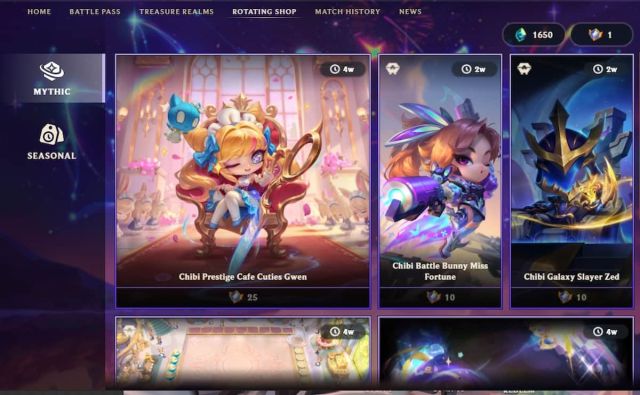 An image of the Mythic section of the rotating TFT shop. THis includes rare content, such as champion chibis.