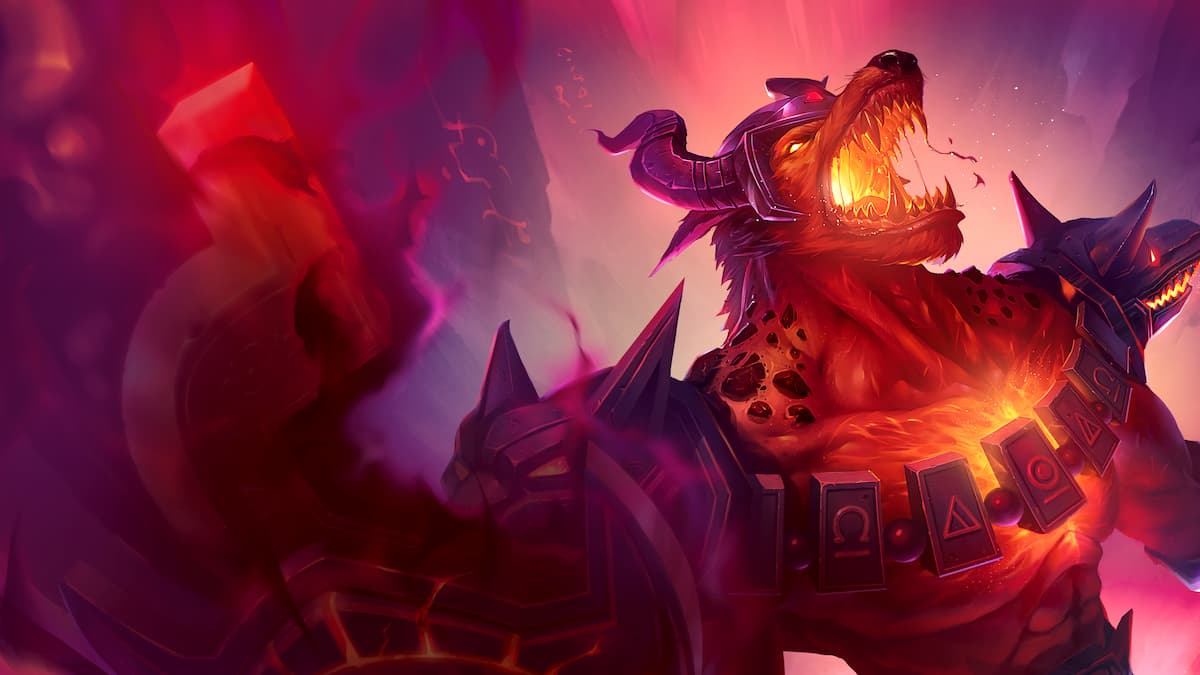 Nasus in full armor with flame ignited from chest to mouth holding a weapon and howling into air through TFT Set 12