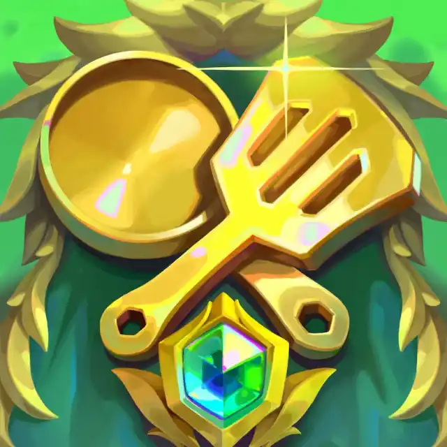 Image of Golden Frying Pan and Golden Spatula superimposed with golden floral motifs and a green emblem underneath in TFT Set 12