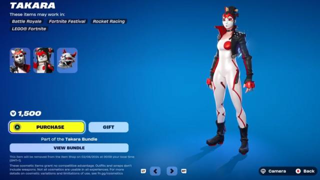 The Takara skin in Fortnite available for purchase in the shop.