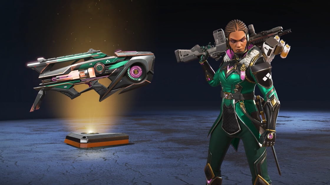 A green Bangalore skin that gives Bangalore full braids and a feathered collar with pink accents. Matching L-STAR skin.