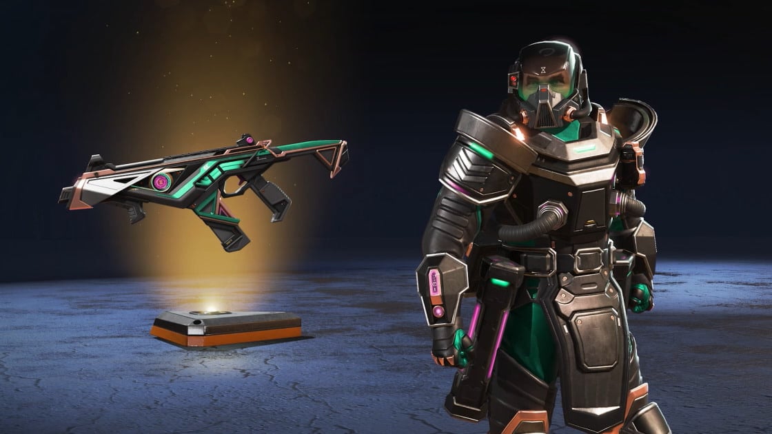 A black Caustic skin with green and pink accents, and a gas-mask helmet with full translucent face covering. Matching R-99 skin.