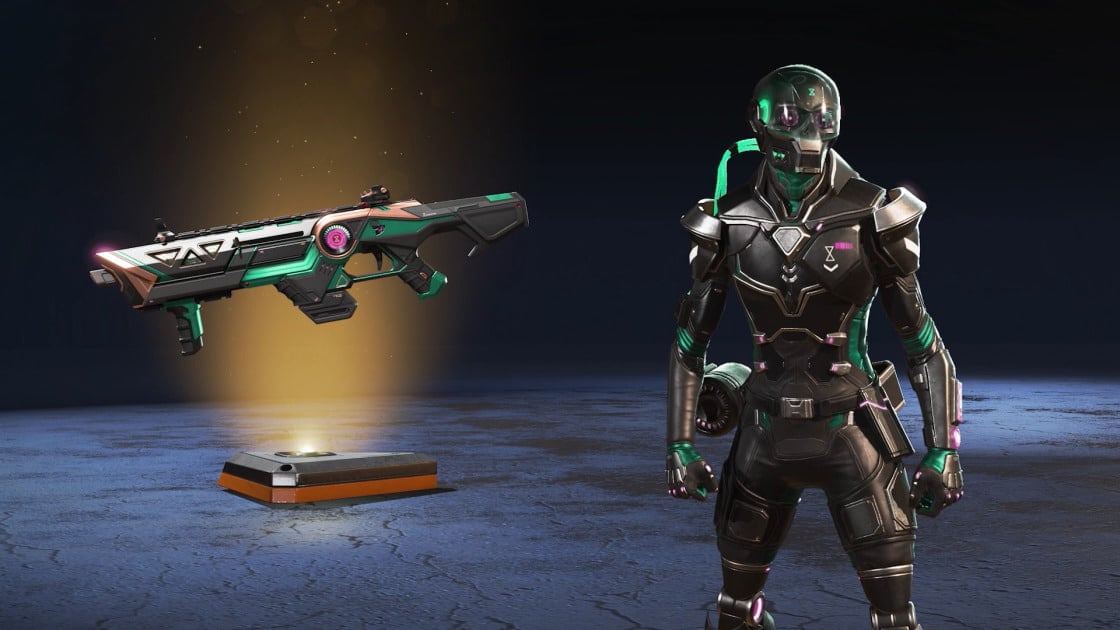 A black Octanne skin with green accents and a full helmet with a robotic-like skull underneath, with matching SMG skin.