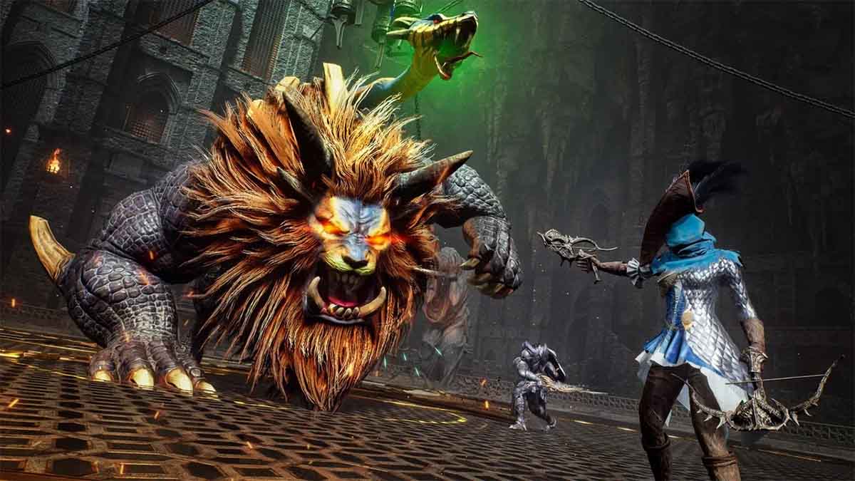 Throne and Liberty gameplay showing a fantasy character fighting a lion monster