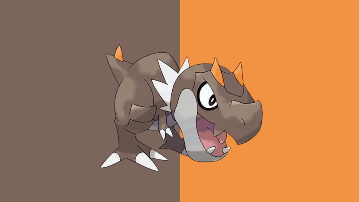 Tyrunt in Pokémon Go, a brown dinosaur on an orange and brown background.
