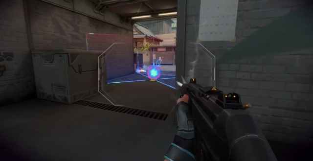 A gun aiming a blue, floating orb in between two dark walls, with light appearing on the other side.