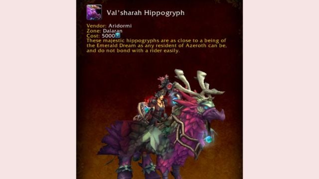 World of Warcraft mount journal exhibiting the Val'Sharah Hippogryph Timewarped mount.