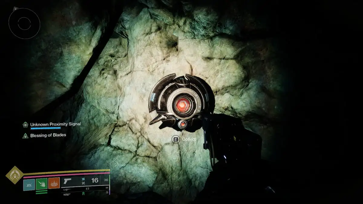 A Guardian finds a disc-like Vex specimen hidden inside a crevice in Encore: Concerto