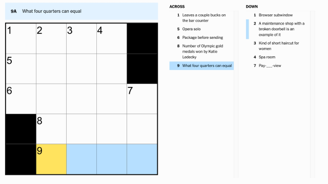 the clue, 'What four quarters can equal' highlighted in blue and yellow from the NYT Mini Crossword Aug. 19