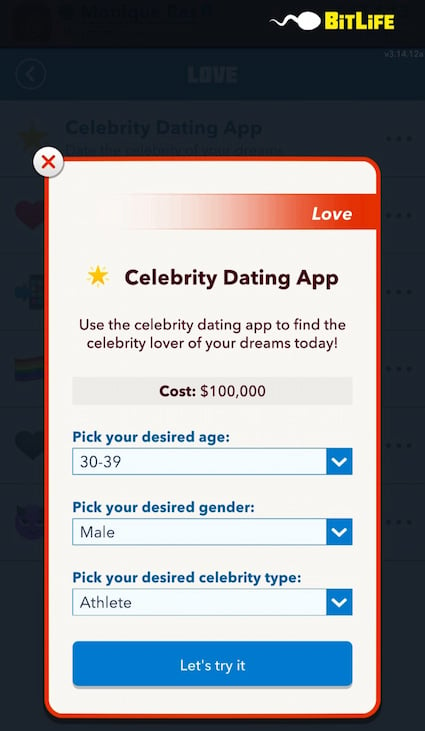 Picture showing the Celebrity Dating app in Bitlife.