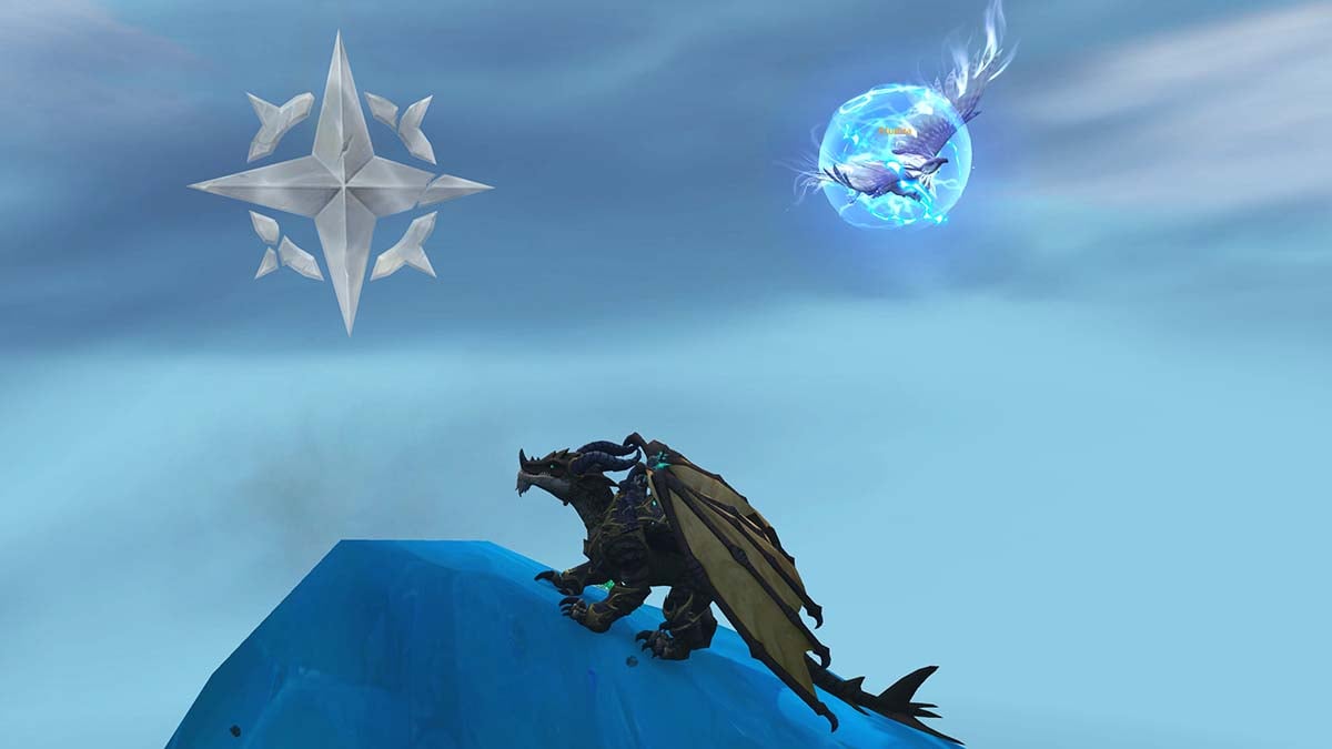 A WoW player riding a dragon on top of a mountain peak, with Alunira, a blue glowing gryphon, flying around the peak