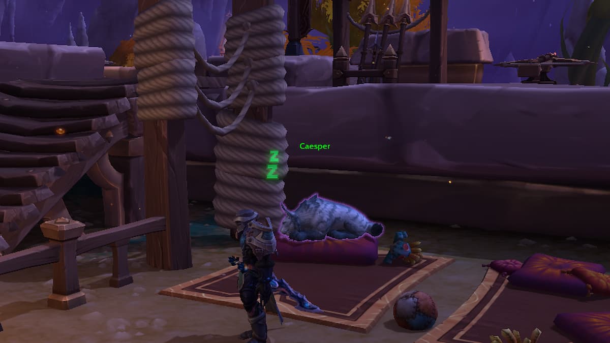 Death Knight standing in front of sleeping grey cat named Caesper in Hallowfell WoW The War Within on a red pillow and red carpet with gold trim