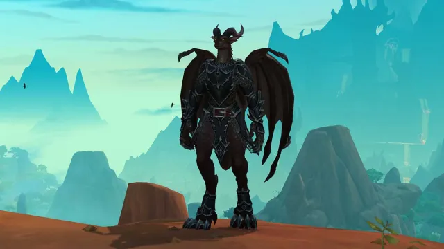 A Devastation Evoker standing on a mountain in WoW Dragonflight