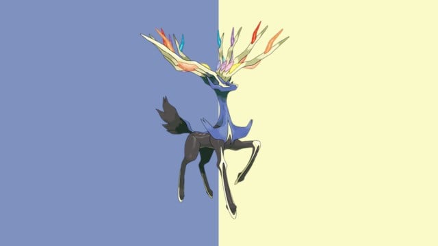 Xerneas in Pokemon Go, a dear-like creature with rainbow-colored antlers.