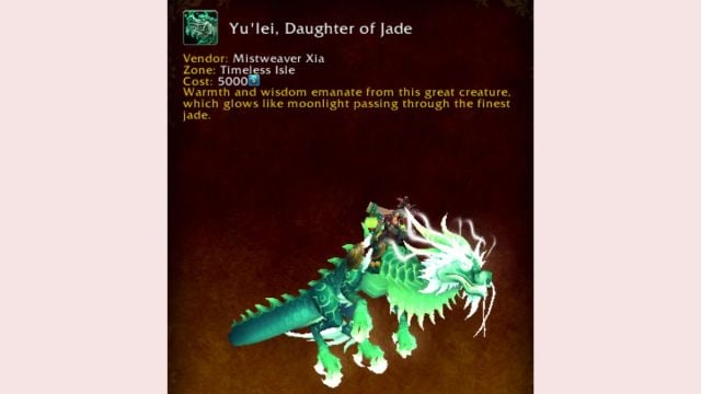 World of Warcraft mount journal exhibiting the Yu'Lei Daughter of Jade Timewarped mount.