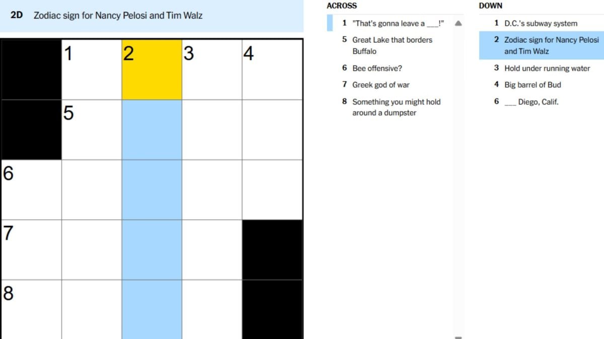 ‘Zodiac sign for Nancy Pelosi and Tim Walz’ NYT Mini Crossword answer and hints