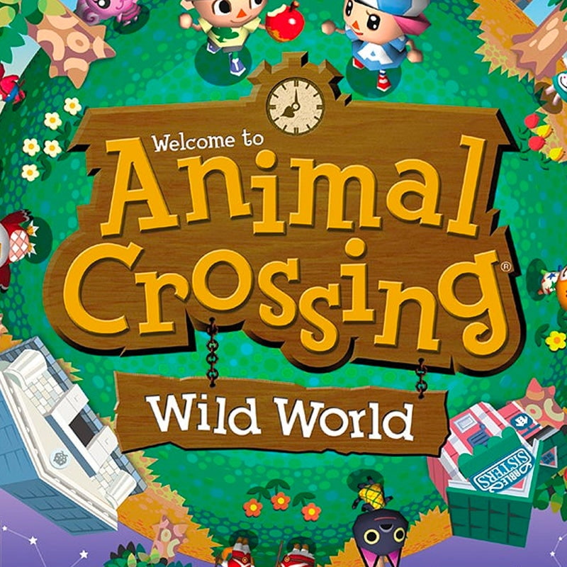 the main box art cover for animal crossing wild world, showing the logo on top of a planet with multiple buildings and characters from the series