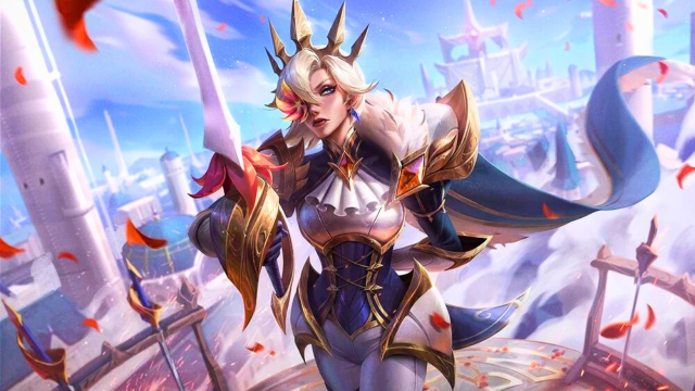 Fiora in her battle queen skin wearing a fur coat and a crown as she holds her sword in the air