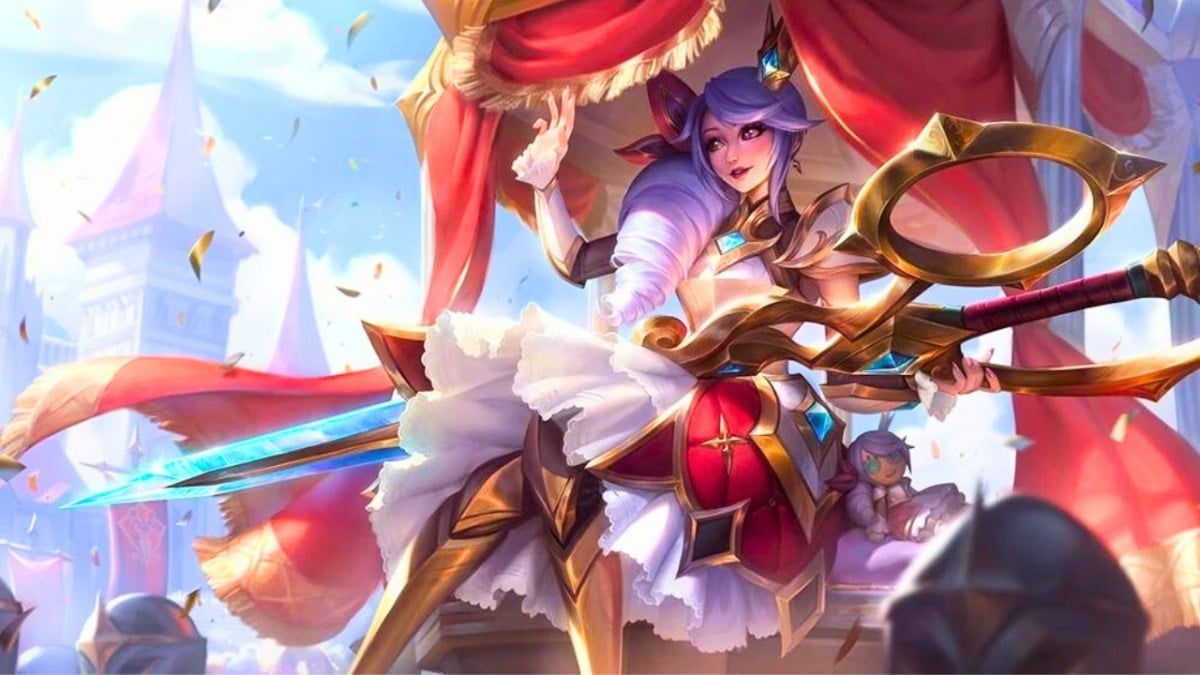 Gwen wearing her battle queen skin where she's sitting on a throne with her scissors on her lap in League of Legends.