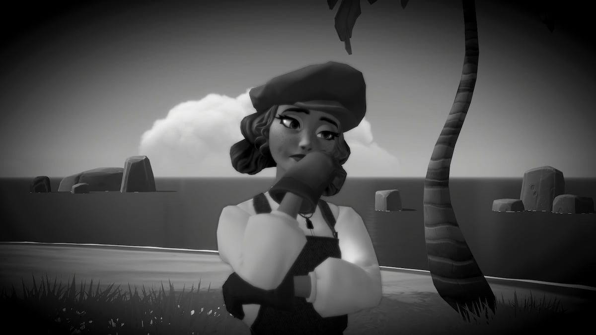 A player thinking on the Black and White Island in Disney Dreamlight Valley.