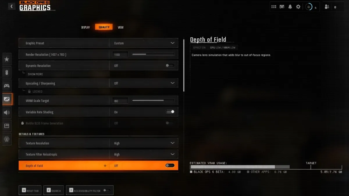 Configuración de calidad de gráficos en Black Ops 6