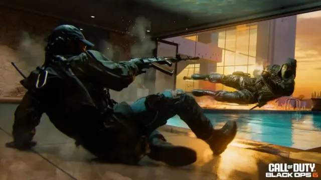 Two Operators in Black Ops 6 in combat near the pool on the Skyline map