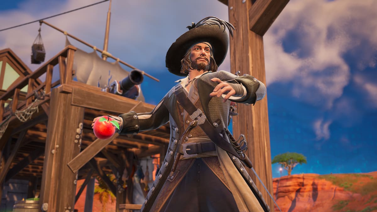 Captain Barbossa standing on a pier and holding an apple in Fortnite.