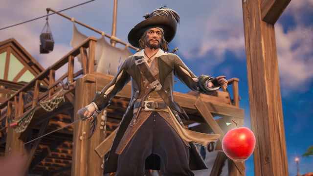 Captain Barbossa holding a sword while standing on a pier by an Apple in Fortnite.