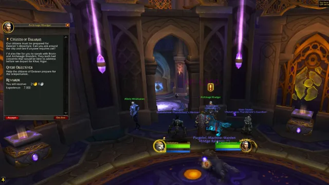 WoW player standing in a room accepting the citizens of Dalaran quest