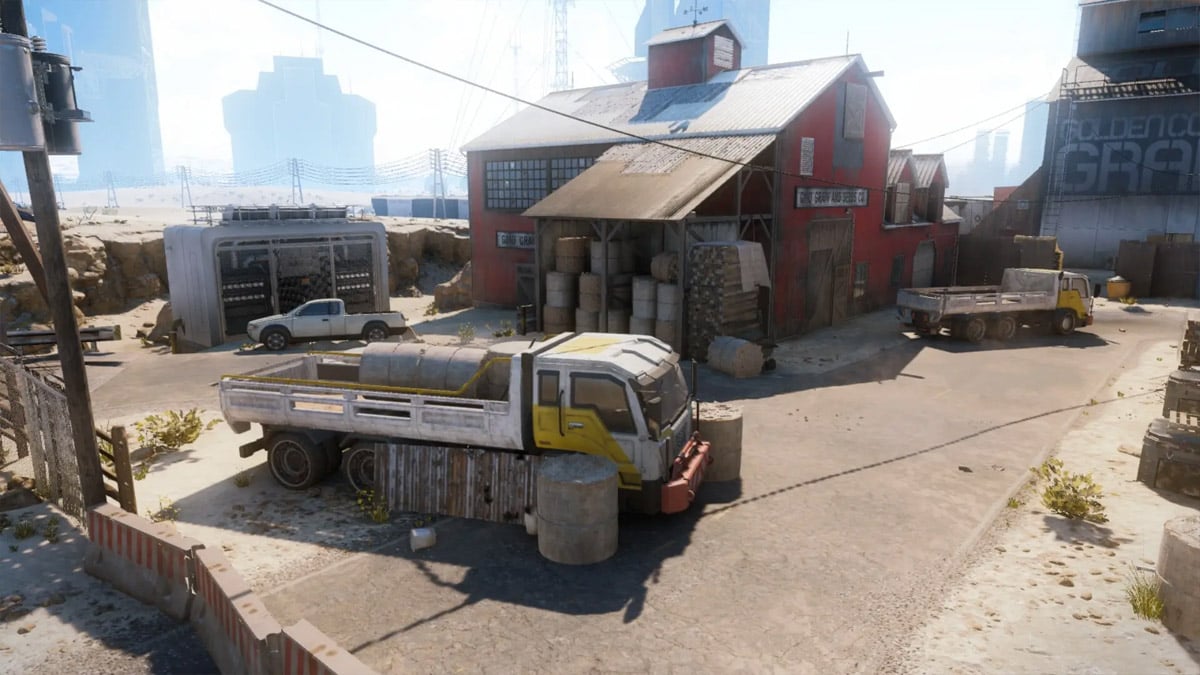 Fringe, a map from Call of Duty Black Ops 3, set in a rural American farm town with a truck and barn.