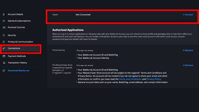 A red box outlining the twitch connection section under the connections tab on the battle net account